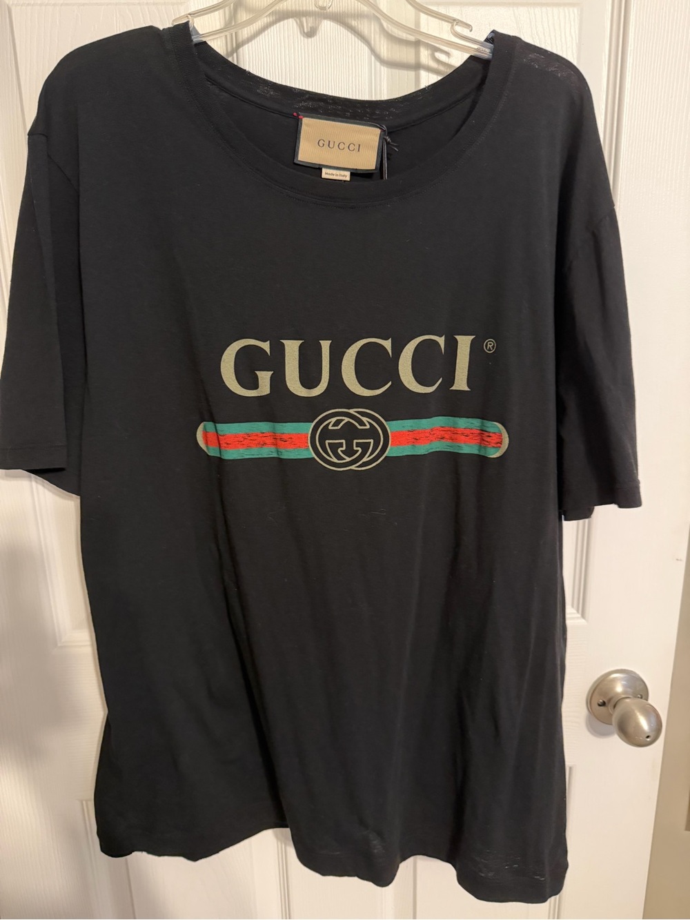 Gucci Black Tee with Green-Red Stripe and Gold Logo